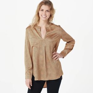 Bishop + Young Women Dot Print Satin Pullover Tunic Top Large Long Sleeve Blouse